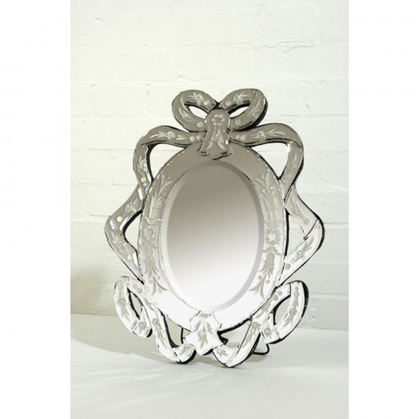 Venetian Ribbon Clear Etched Oval Decorative Table or Wall Mirror