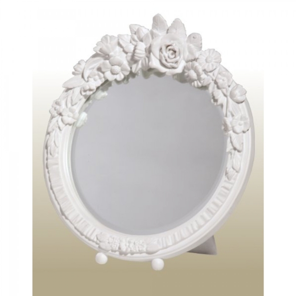 Barbola Floral White Clay Paint Round Decorative Table or Wall Mirror