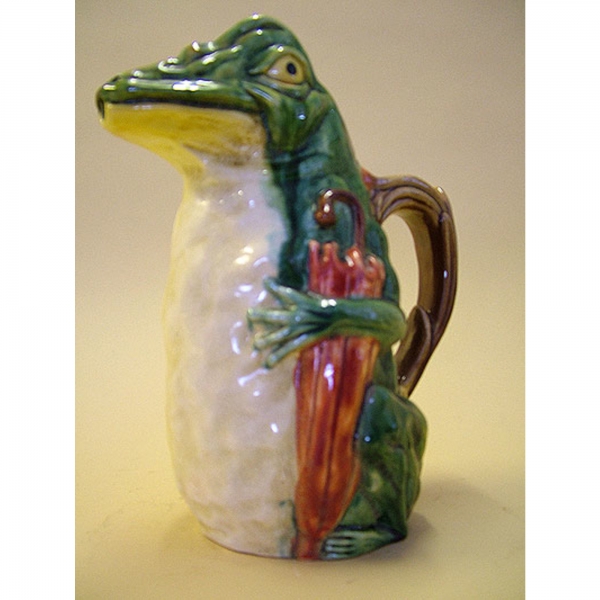 In the style of Barbotine Onnaing Ceramic Jug Frog with Umberlla