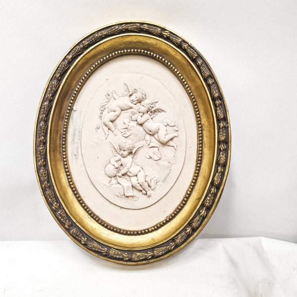 Putti Marble Relief  in Gold Gilt Frame 
