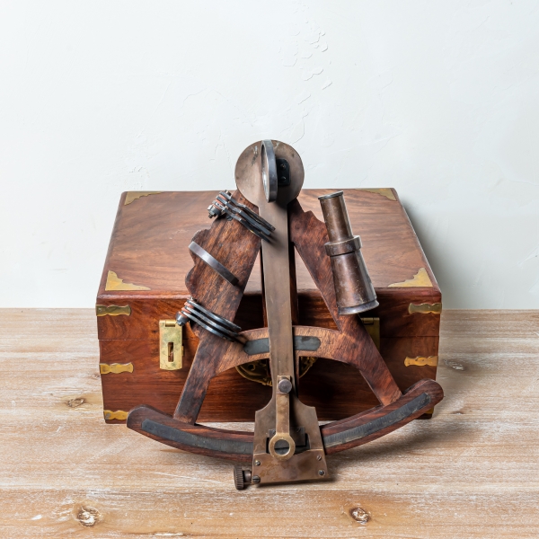 Antique Brass Wood Frame Sextant in Wooden Box 