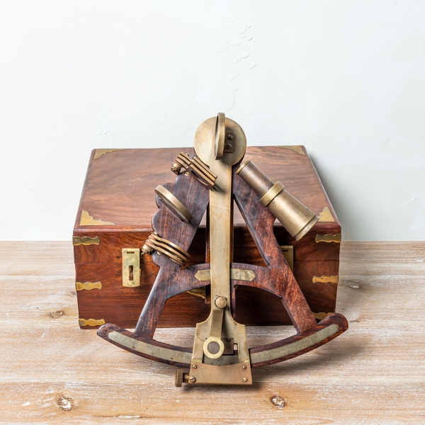 Brass Wood Frame Sextant in Wooden Box 
