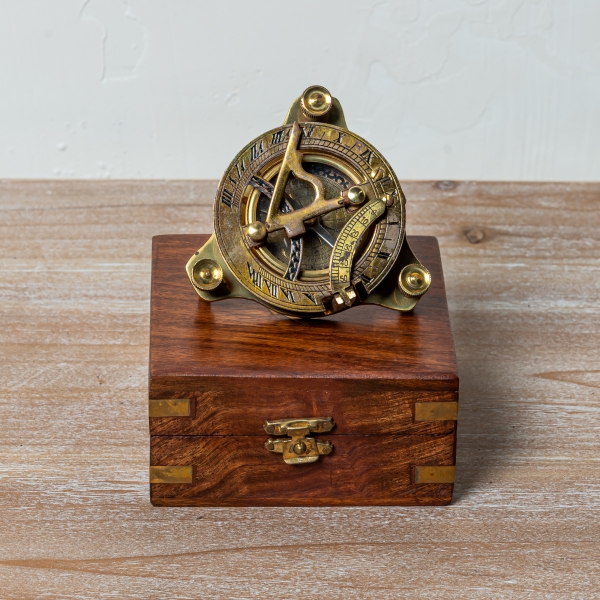 Antique Brass Sun Dial  Compass in Wooden Box 