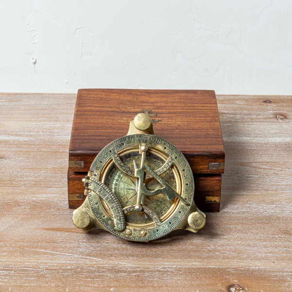 Antique Brass Sun Dial  Compass in Wooden Box 