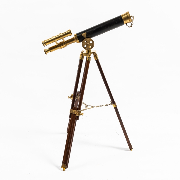 Antique Brass Double Barrel Telescope with Leather Trim and Tripod 