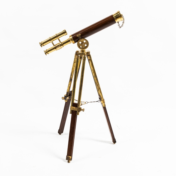 Antique Brass Double Barrel Telescope with Wood Trim and Tripod 